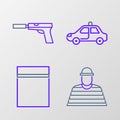 Set line Prisoner, Plastic bag with ziplock, Police car and flasher and Pistol or gun silencer icon. Vector