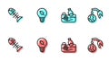 Set line Problem pollution of the ocean, Dead fish, Light bulb with leaf and Gas pump nozzle and globe icon. Vector