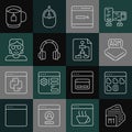 Set line Processor, Browser files, Search engine, Headphones, Hacker coder, Cup of tea with tea bag and Flowchart icon Royalty Free Stock Photo