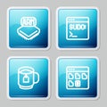 Set line Processor, Code terminal, Cup of tea with tea bag and Browser files icon. Vector Royalty Free Stock Photo