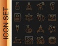 Set line Processor CPU, Chemical formula, Telescope, Virus, Patient record, Test tube and Earth globe icon. Vector Royalty Free Stock Photo