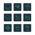 Set line Processor CPU, Data analysis, Sales funnel with chart, Calculator, Network cloud connection, Server and icon Royalty Free Stock Photo