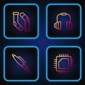 Set line Processor with CPU, Fountain pen nib, Socks and Headphones. Gradient color icons. Vector