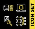 Set line Processor CPU, Neural network, Photo retouching and Binary code icon. Vector Royalty Free Stock Photo