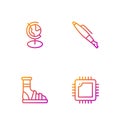 Set line Processor with CPU, Slippers socks, Earth globe and Fountain pen nib. Gradient color icons. Vector