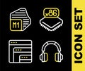 Set line Processor with microcircuits CPU, Headphones, Software and icon. Vector