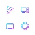 Set line Processor with microcircuits CPU, Laptop, Security camera and Computer monitor. Gradient color icons. Vector Royalty Free Stock Photo