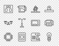 Set line Processor with microcircuits CPU, Light bulb, Antenna, Electrical outlet, Bathroom scales, Street light, Coffee Royalty Free Stock Photo