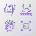 Set line Processor with microcircuits CPU, Robot burned out, Robotic robot arm on factory and Broken icon. Vector Royalty Free Stock Photo