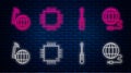 Set line Processor with microcircuits CPU, Screwdriver, Social network and Social network. Glowing neon icon on brick