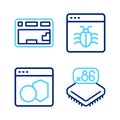 Set line Processor with microcircuits CPU, Software, System bug and Keyboard icon. Vector Royalty Free Stock Photo