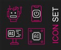 Set line Processor with microcircuits CPU, Software, Turn off robot from phone and Broken icon. Vector Royalty Free Stock Photo