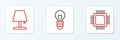Set line Processor with microcircuits CPU, Table lamp and Light bulb icon. Vector Royalty Free Stock Photo