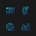 Set line Productive human, Globe and people, Search job and Man holding flag. Gradient color icons. Vector Royalty Free Stock Photo