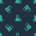 Set line Profile settings, Cinema camera and Head with gear inside on seamless pattern. Vector Royalty Free Stock Photo