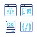 Set line Programming language syntax, Books about programming, Software and System bug icon. Vector Royalty Free Stock Photo