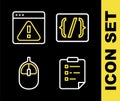 Set line Programming language syntax, Clipboard with checklist, Computer mouse and Browser exclamation mark icon. Vector