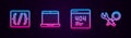 Set line Programming language syntax, Laptop, Page with 404 error and Debugging. Glowing neon icon. Vector Royalty Free Stock Photo