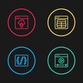 Set line Programming language syntax, Online play video, MySQL code and Cloud technology data transfer icon. Vector Royalty Free Stock Photo