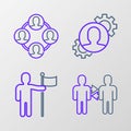 Set line Project team base, Man holding flag, Human with gear inside and icon. Vector Royalty Free Stock Photo