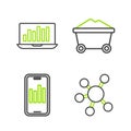 Set line Project team base, Mobile with graph, Coal mine trolley and Laptop chart icon. Vector