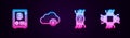 Set line Proof of stake, Cryptocurrency cloud mining, bitcoin circuit and Processor. Glowing neon icon. Vector