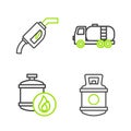 Set line Propane gas tank, Tanker truck and Gasoline pump nozzle icon. Vector Royalty Free Stock Photo