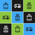 Set line Propane gas tank, and Tanker truck icon. Vector Royalty Free Stock Photo