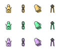 Set line Protective gloves, Blacksmith apron, Chain link and pliers tool icon. Vector
