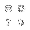 Set line Protective gloves, Hammer, Blacksmith anvil tool and Horseshoe icon. Vector