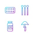 Set line Psilocybin mushroom, Medicine bottle and pills, Pills in blister pack and Matches. Gradient color icons. Vector Royalty Free Stock Photo