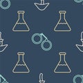 Set line Psilocybin mushroom, Test tube and flask and Handcuffs on seamless pattern. Vector