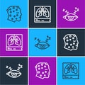 Set line Psoriasis or eczema rash, Insomnia and Lungs x-ray icon. Vector