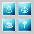 Set line Pudding custard, Apple caramel, Piece of cake and Lollipop icon. Vector