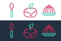 Set line Pudding custard, Spoon and Apple caramel icon. Vector