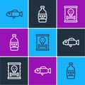 Set line Puffer fish, Radioactive waste in barrel and Poisoned alcohol icon. Vector Royalty Free Stock Photo