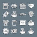 Set line Puffer fish soup, Tin can with caviar, Caviar, Seafood store, Soup shrimps, cucumber, Canned and Fish icon