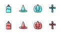 Set line Pumpkin, Burning candle, Witch hat and Tombstone with cross icon. Vector