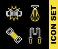 Set line Punching bag, Jump rope, Chest expander and boxing gloves icon. Vector