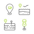 Set line Push pin, Broken road, Location with beach and coffee cup icon. Vector