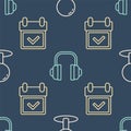 Set line Push pin, Calendar with check mark and Headphones on seamless pattern. Vector Royalty Free Stock Photo