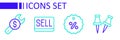 Set line Push pin, Discount percent tag, Sell button and Repair price icon. Vector