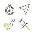 Set line Push pin, Route location, Paper airplane and Compass icon. Vector