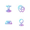 Set line Push pin, Taxi car roof, Location with person and . Gradient color icons. Vector