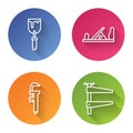 Set line Putty knife, Wood plane tool, Calliper or caliper and scale and Clamp tool. Color circle button. Vector
