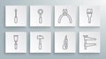 Set line Putty knife, Wrench spanner, Hammer, Stationery, Clamp tool, Pliers, Paint brush and Screwdriver icon. Vector Royalty Free Stock Photo