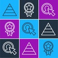 Set line Pyramid chart infographics, User of man in business suit and Medal with star icon. Vector