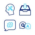 Set line Question and Answer, Hashtag speech bubble, Download inbox and Human head service icon. Vector Royalty Free Stock Photo