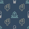 Set line Quiver with arrows, Cactus and Church building on seamless pattern. Vector