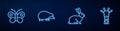 Set line Rabbit, Butterfly, Hedgehog and Giraffe head. Glowing neon icon on brick wall. Vector Royalty Free Stock Photo